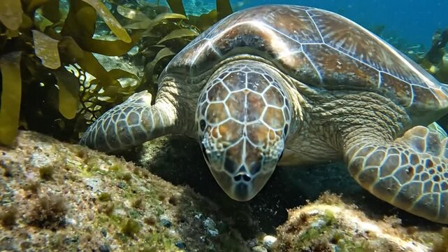 Loggerhead Sea Turtle Resting Amidst Kelp and Rocks