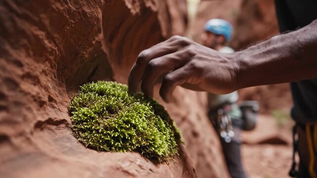 Man touching green moss on rock wall. Outdoor rock climbing adventure, canyoneering, and connecting with nature.