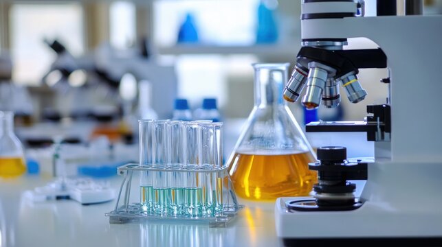 Biotechnology laboratory equipment, microscope and test tubes, close-up, nobody, lab setting, scientific research