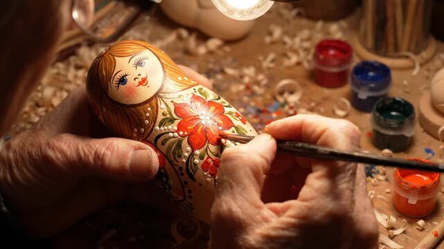 Painting intricate details on matryoshka doll