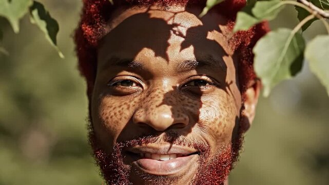 Close up portrait of smiling African American man with freckles and red hair. Leaf shadows dance on his face in a sunny park. Ideal for beauty, diversity, and wellness campaigns.