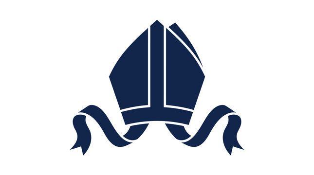 Dark blue graphic illustration of a religious bishop miter hat with decorative flowing ribbon tails attached