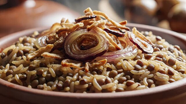 Delicious Lentil and Rice Dish Topped with Crispy Onions.