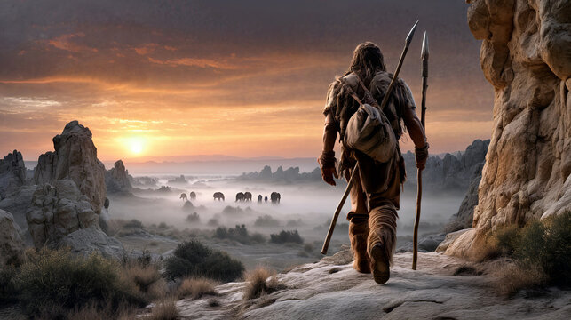 Prehistoric hunter walking toward a valley with mammoths at sunset. Caveman in fur clothing carrying a spear in a rocky landscape. Ancient human survival in the stone age