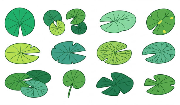 Cartoon water lily leaf illustration collection with floating pond lily pad vector elements