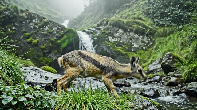 Klipspringer Grazing by Mountain Waterfall in Lush Green Landscape