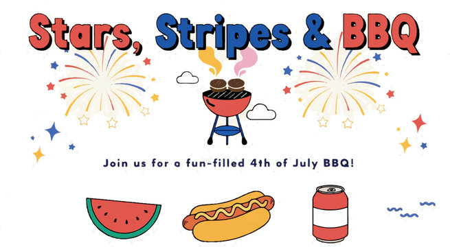 Fourth of July BBQ party invitation flyer with fireworks grill hotdog and festive text