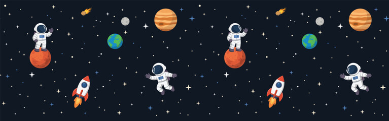 Cartoon Outer Space with Astronauts Among Planets and Stars on Seamless Horizontal Pattern © Alex_Zakharov