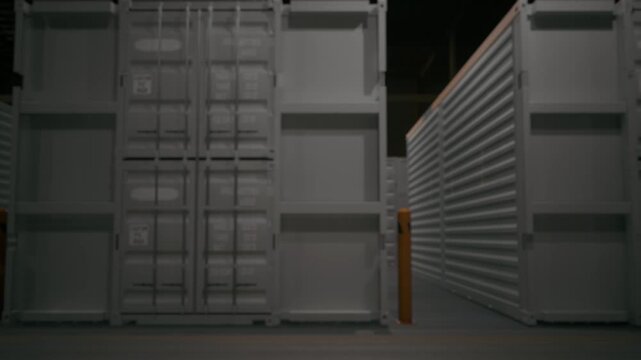 Dark atmospheric view between two tall white shipping containers forming a narrow corridor. Perfect for logistics, thriller, mystery, and industrial themed content.