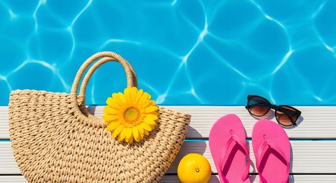 Summer poolside essentials wicker bag sunglasses and flip flops