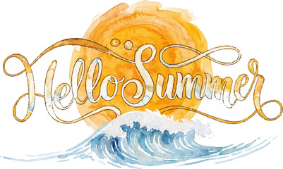 Hello Summer handwritten calligraphy with golden sun burst and cityscape background © Tubaart70
