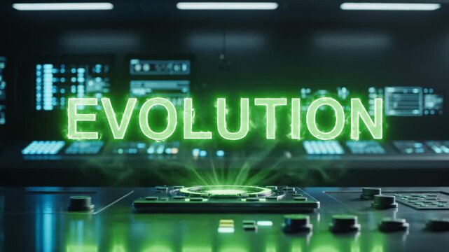 The luminous neon inscription "EVOLUTION" hovers above a futuristic technological interface, emanating vibrant green light pulses, signifying advancement and scientific research in a high-tech