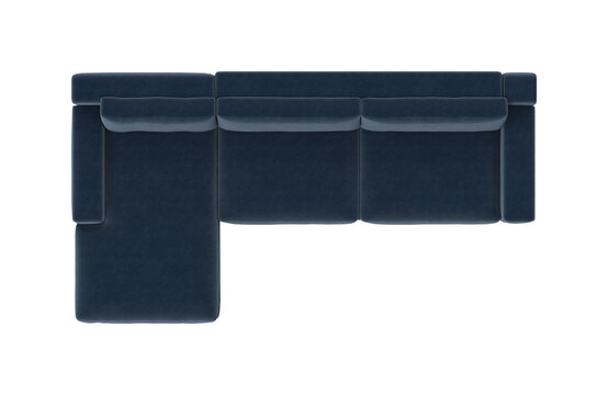 Modern Blue Velvet Sectional Sofa with Chaise and Metal Base Top View on White Background