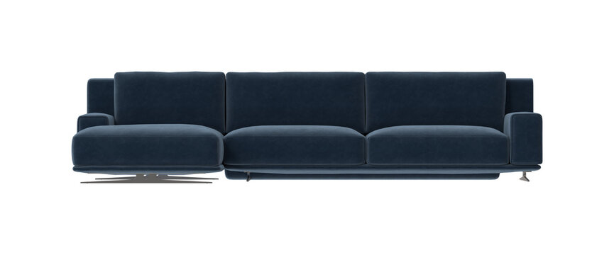 Modern Blue Velvet Sectional Sofa with Chaise and Metal Base Front View on White Background