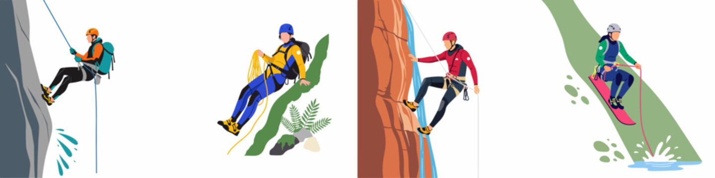 A collection of four vector illustrations showing various canyoning activities, such as rappelling down cliffs and waterfalls, and navigating rugged mountain terrain.