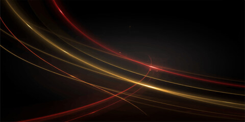 Abstract dark background with elegant gold and red light trails sweeping from the left corner, dynamic curved neon waves with bright center flare © Md