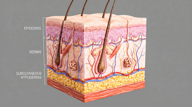 Human skin layers anatomy 3D medical illustration diagram