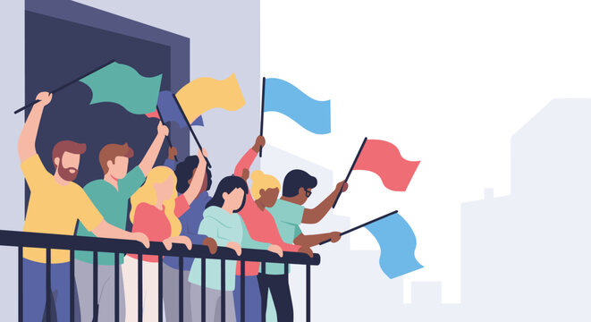 People cheering during world football tournament on balcony with flags waving excitedly outdoors in city