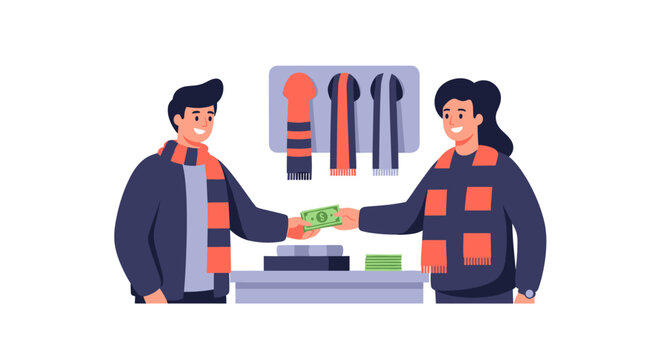 Man and woman in orange and blue jackets exchanging money at a counter with tools on the wall behind them in a workshop setting during world football tournament.