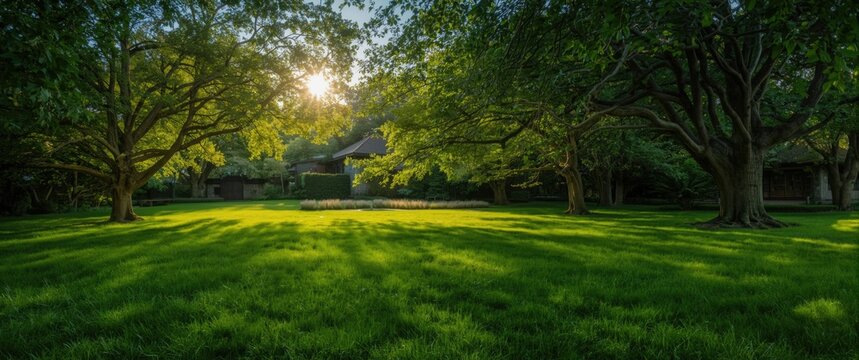 Grassy Yard Bathed in Sunlight Shaded by Trees, Serene Atmosphere