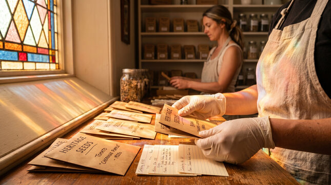 Community seed library housed in converted church closet, volunteers cataloging heritage varieties, warm afternoon light through stained gla 2