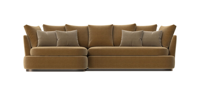 Modern Sectional Sofa with Wide Rounded Chaise Front View on White Background