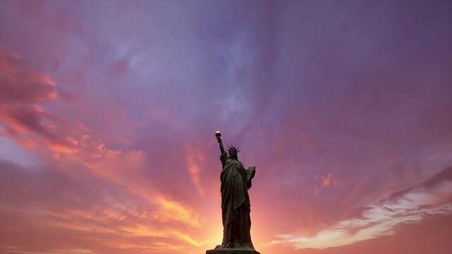 Iconic Statue of Liberty stands silhouetted against a vivid purple and pink sunset sky over New York. Perfect for patriotic, travel, tourism, and freedom themed content.