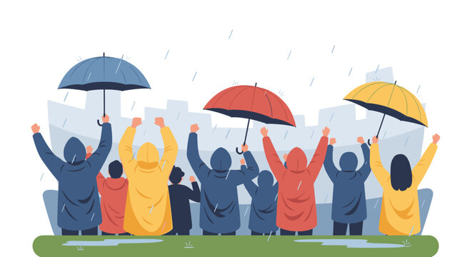 People in raincoats holding umbrellas celebrating world football tournament in city on rainy day with green grass and buildings