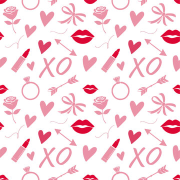 Valentine's Day seamless pattern with lips hearts arrows rings and XO on white background