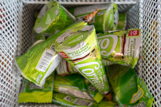 Bangkok, Thailand - May 19, 2026 : Walls Cornetto Muscat Grape and Yoghurt in the refrigerator.