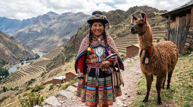 Smiling indigenous Peruvian woman with a llama in traditional clothing. Andean mountain landscape with agricultural terraces in the background. Authentic South American travel and culture