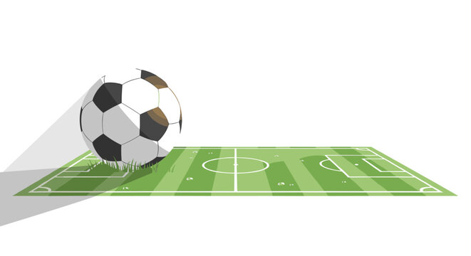 The world football tournament soccer ball rests on a green field with white markings and lines in a stadium.