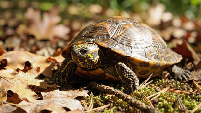 Juvenile Box Turtle Peeking Amidst Autumn Leaves