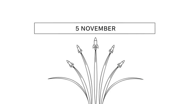 Dynamic line art of five rockets launching skyward, representing collective ambition, swift progress, and a memorable event or start for a specific date, like November 5th