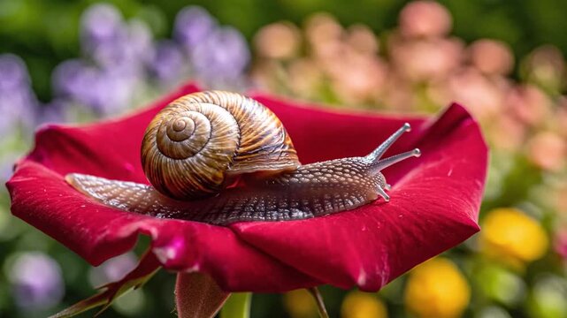 Juvenile Snail on a Vibrant Red Rose Petal