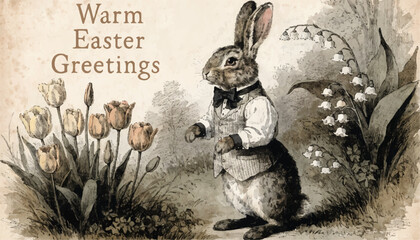 Vintage warm Easter greetings card with dressed rabbit and spring tulips illustration © Tubaart70