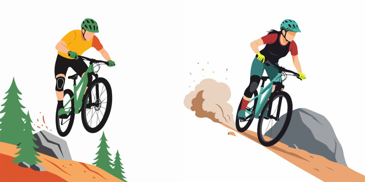 Professional mountain bikers performing jumps and downhill maneuvers on a rocky trail, flat vector illustration isolated on a white background.