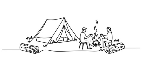 Two people sitting by a campfire with a tent in a nature campsite outdoor scene Vector, illustration © DCB Line Stocker