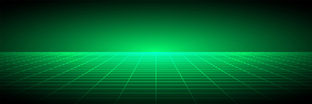 Glowing neon wireframe background. Green shining checkered grid planes in perspective. Bright retro futuristic horizon wallpaper. Arcade game sci fi matrix surface