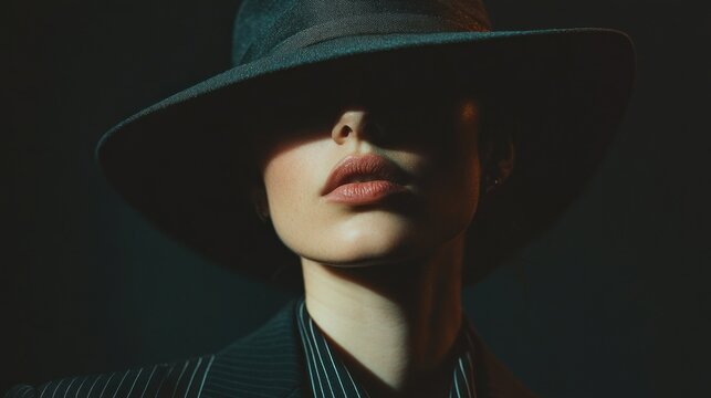 Woman wearing hat and suit dramatic lighting
