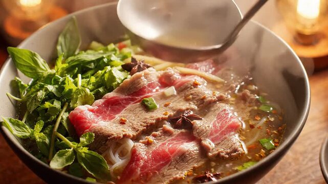 Delicious pho bowl with fresh herbs beef slices