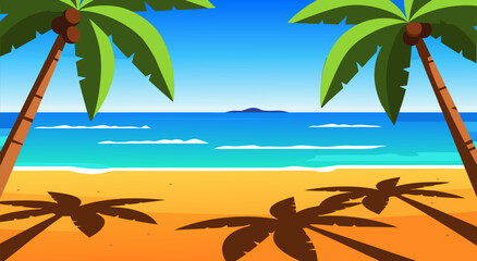 Fototapeta premium Vibrant Tropical Beach Scene Vector Illustration with Palm Trees and Ocean Views - Serene Coastal Paradise Artwork