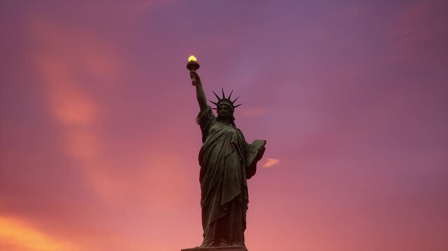 Iconic Statue of Liberty stands silhouetted against a vivid purple and pink sunset sky over New York. Perfect for patriotic, travel, tourism, and freedom themed content.