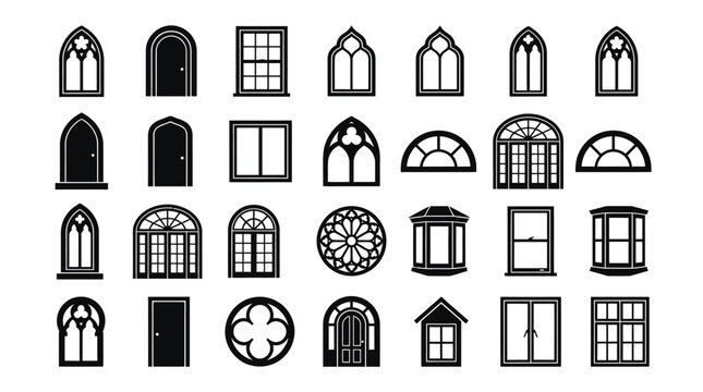 Collection of black and white icons showing various architectural designs for doors and window frames