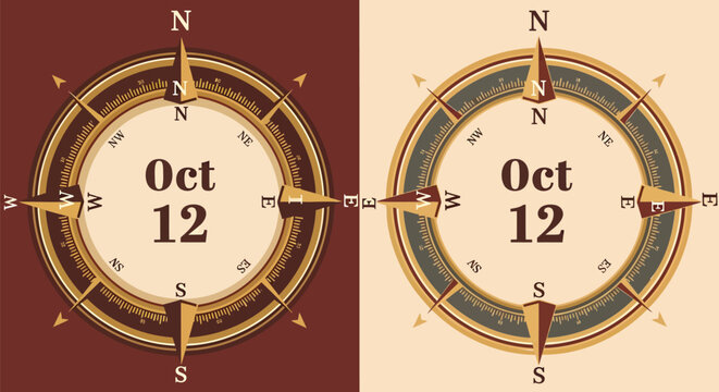 Vintage nautical compass calendar vector, October 12 date display on antique maritime navigation instrument, retro explorer map design elements