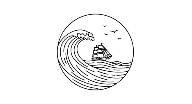 Minimalist nautical line art circle, vintage sailing ship on stormy ocean waves, black and white maritime vector illustration for logo design