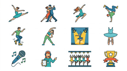 Fototapeta premium Collection of dancing and singing icons representing performing arts.