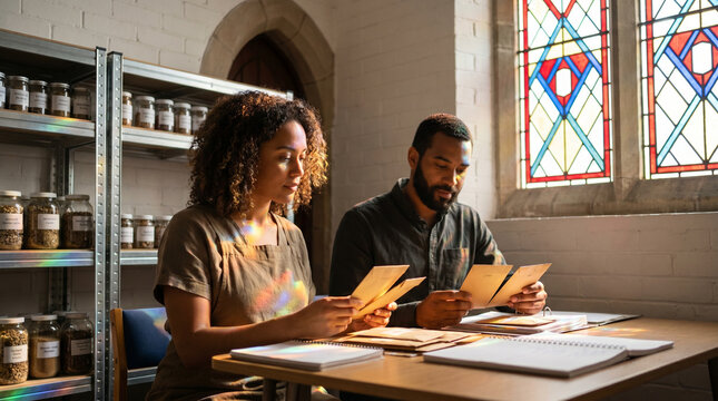 Community seed library housed in converted church closet, volunteers cataloging heritage varieties, warm afternoon light through stained gla 3