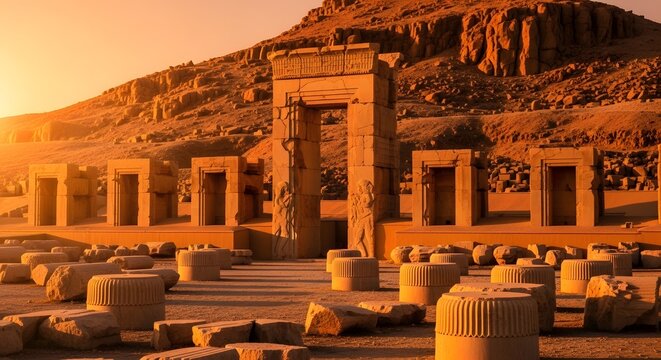 Ancient ruins of Persepolis at sunset, showcasing the grandeur of Persian architecture and historical significance.