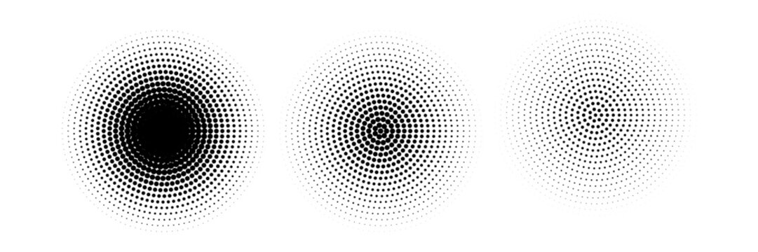 Halftone gradient circles collection. Dots textured round patterns. Cartoon comic radial faded background set. Abstract pixelated elements for frame  poster  collage  banner  flyer. Vector bundle